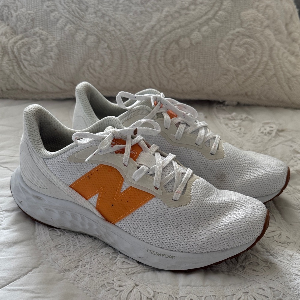 New Balance White Mesh Sneakers with Orange Accent 'N'